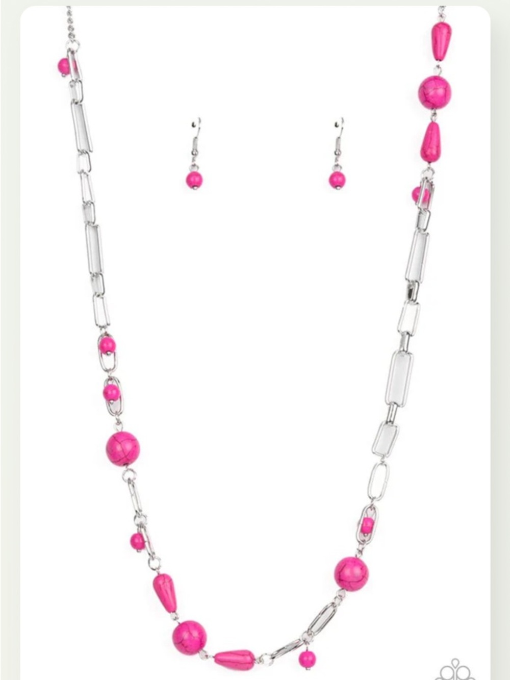 N-58 Silver Chain Necklace & Earring Set with Hot Pink Beads